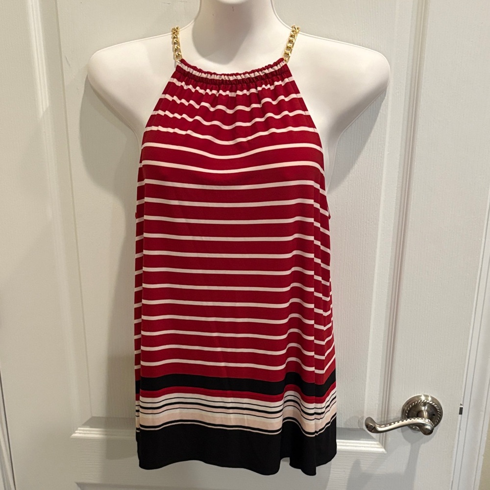 Roz & Ali Red and Cream Striped Halter Tank with Gold Chain Straps Size M